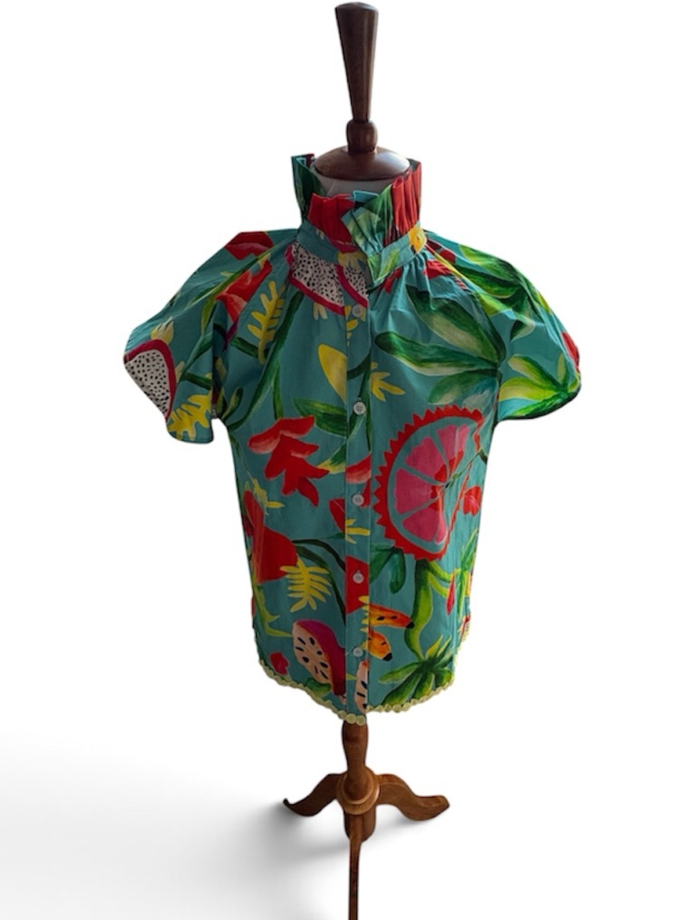 Marie by Victoria Dunn NWT -Sleeve Ruffle-Collar Blouse - Teal with Coral Accent